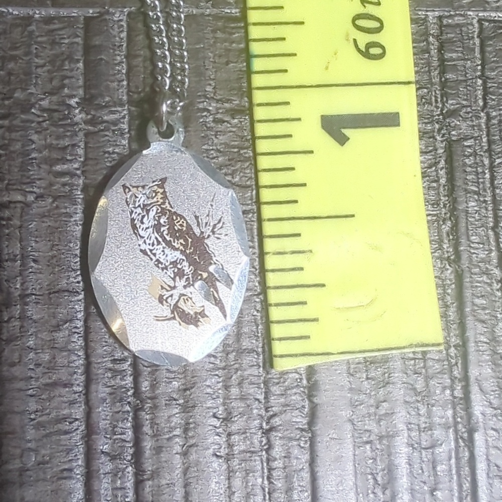 Vintage B-Line Pewter Owl Necklace - Scalloped Oval Pendant - Signed